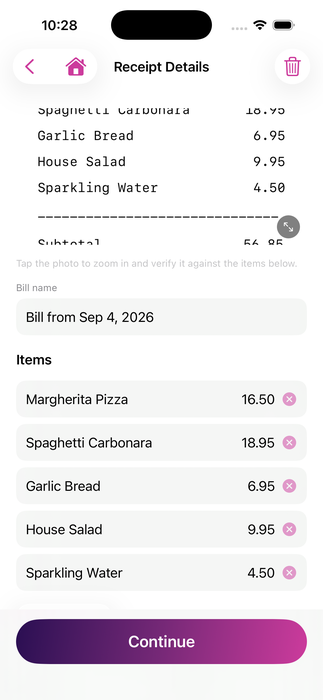 Reviewing a scanned receipt's items, tax, and tip in SplitEasy
