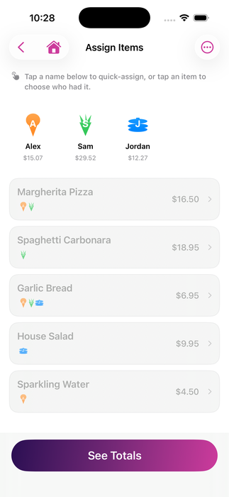 Assigning items to people in SplitEasy